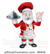 Vector Illustration of a Cartoon Happy Christmas Santa Claus Gesturing Ok, Wearing a Reindeer Apron and Holding a Food Cloche Platter by AtStockIllustration