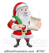 Vector Illustration of a Cartoon Happy Christmas Santa Claus Holding a Parchment Scroll and Quill Pen by AtStockIllustration