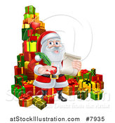 Vector Illustration of a Cartoon Happy Christmas Santa Claus Holding a Parchment Scroll and Quill Pen in a Pile of Gifts by AtStockIllustration