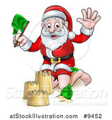 Vector Illustration of a Cartoon Happy Christmas Santa Claus Making a Sand Castle by AtStockIllustration