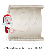 Vector Illustration of a Cartoon Happy Christmas Santa Claus Pointing Around a Scroll Sign by AtStockIllustration