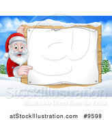 Vector Illustration of a Cartoon Happy Christmas Santa Claus Pointing Around a Sign in a Winter Landscape by AtStockIllustration