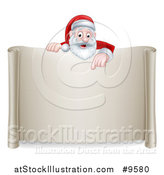 Vector Illustration of a Cartoon Happy Christmas Santa Claus Pointing down over a Scroll Sign by AtStockIllustration