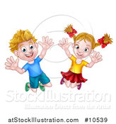 Vector Illustration of a Cartoon Happy Excited Blond Caucasian Boy and Girl Jumping by AtStockIllustration