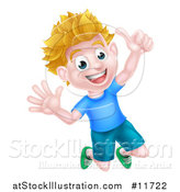 Vector Illustration of a Cartoon Happy Excited Blond Caucasian Boy Jumping and Giving a Thumb up by AtStockIllustration