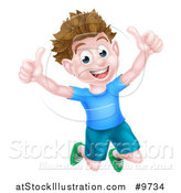 Vector Illustration of a Cartoon Happy Excited Brunette Caucasian Boy Jumping and Giving Two Thumbs up by AtStockIllustration