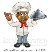 Vector Illustration of a Cartoon Happy Full Length Black Male Chef Holding a Cloche Platter and Gesturing Perfect by AtStockIllustration