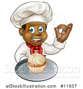 Vector Illustration of a Cartoon Happy Full Length Black Male Chef Holding a Cupcake on a Platter and Gesturing Perfect by AtStockIllustration