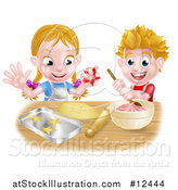 Vector Illustration of a Cartoon Happy Girl and Boy Making Pink Frosting and Star Shaped Cookies by AtStockIllustration