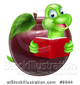 Vector Illustration of a Cartoon Happy Green Book Worm Reading and Emerging from a Red Apple by AtStockIllustration