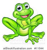 Vector Illustration of a Cartoon Happy Green Frog Mascot Sitting and Pointing by AtStockIllustration