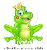 Vector Illustration of a Cartoon Happy Green Frog Prince with a Liptstick Kiss on His Cheek by AtStockIllustration