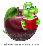 Vector Illustration of a Cartoon Happy Green Graduate Book Worm Reading and Emerging from a Red Apple by AtStockIllustration