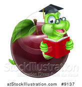 Vector Illustration of a Cartoon Happy Green Graduate Book Worm Reading in a Red Apple by AtStockIllustration