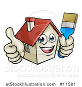Vector Illustration of a Cartoon Happy Home Mascot Character Giving a Thumb up and Holding a Paintbrush by AtStockIllustration