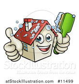 Vector Illustration of a Cartoon Happy House Character Giving a Thumb up and Cleaning Itself with a Brush by AtStockIllustration