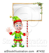 Vector Illustration of a Cartoon Happy Male Christmas Elf Waving and Holding a Blank Sign by AtStockIllustration