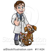 Vector Illustration of a Cartoon Happy May Veterinarian Giving a Thumb up and Standing with a Dog and Cat by AtStockIllustration