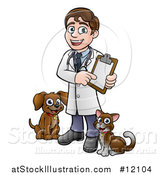 Vector Illustration of a Cartoon Happy May Veterinarian Holding a Chart and Standing with a Dog and Cat by AtStockIllustration