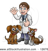 Vector Illustration of a Cartoon Happy May Veterinarian Standing with a Dog and Cat by AtStockIllustration