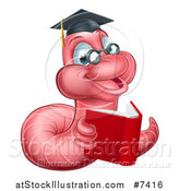 Vector Illustration of a Cartoon Happy Pink Graduate Book Worm Reading by AtStockIllustration