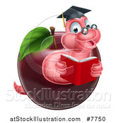 Vector Illustration of a Cartoon Happy Pink Graduate Book Worm Reading in a Red Apple by AtStockIllustration