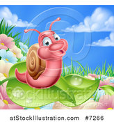 Vector Illustration of a Cartoon Happy Pink Snail on a Leaf over Flowers in a Meadow by AtStockIllustration