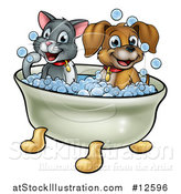 Vector Illustration of a Cartoon Happy Puppy Dog and Cat Soaking in a Bubble Bath by AtStockIllustration