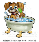 Vector Illustration of a Cartoon Happy Puppy Dog Holding a Brush and Soaking in a Bubble Bath by AtStockIllustration
