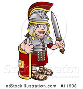 Vector Illustration of a Cartoon Happy Roman Soldier Giving a Thumb Up, Holding a Sword and Leaning on a Shield by AtStockIllustration