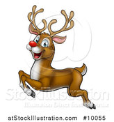 Vector Illustration of a Cartoon Happy Rudolph Red Nosed Reindeer Leaping or Flying by AtStockIllustration