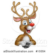 Vector Illustration of a Cartoon Happy Rudolph Red Nosed Reindeer over an Edge by AtStockIllustration