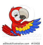 Vector Illustration of a Cartoon Happy Scarlet Macaw Parrot Pointing Around a Sign by AtStockIllustration