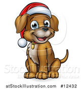 Vector Illustration of a Cartoon Happy Sitting Christmas Puppy Dog Wearing a Santa Hat by AtStockIllustration