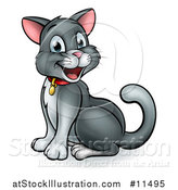 Vector Illustration of a Cartoon Happy Sitting Gray and White Kitty Cat by AtStockIllustration