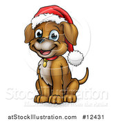 Vector Illustration of a Cartoon Happy Sitting Puppy Dog Wearing a Santa Hat by AtStockIllustration