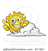 Vector Illustration of a Cartoon Happy Sun Character Holding a Thumb up over a Cloud by AtStockIllustration