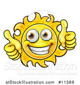 Vector Illustration of a Cartoon Happy Sun Character Holding Two Thumbs up by AtStockIllustration