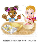 Vector Illustration of a Cartoon Happy White and Black Girls Making Pink Frosting and Star Shaped Cookies by AtStockIllustration