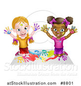 Vector Illustration of a Cartoon Happy White and Black Girls Sitting on the Floor and Painting with Their Hands by AtStockIllustration