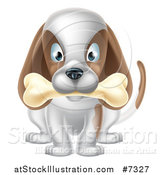 Vector Illustration of a Cartoon Happy White and Brown Dog Sitting with a Bone in His Mouth by AtStockIllustration