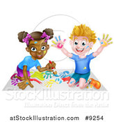 Vector Illustration of a Cartoon Happy White Boy and Black Girl Painting Artwork by AtStockIllustration