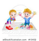 Vector Illustration of a Cartoon Happy White Boy Kneeling and Finger Painting Artwork and Girl Playing with a Toy Car by AtStockIllustration