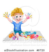 Vector Illustration of a Cartoon Happy White Boy Kneeling and Hand Painting Artwork by AtStockIllustration