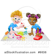 Vector Illustration of a Cartoon Happy White Boy Kneeling and Painting Artwork and a Black Girl Playing with a Toy Car by AtStockIllustration