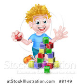 Vector Illustration of a Cartoon Happy White Boy Playing with Toy Blocks by AtStockIllustration