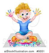Vector Illustration of a Cartoon Happy White Boy Sitting and Hand Painting Artwork by AtStockIllustration