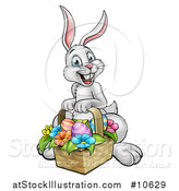 Vector Illustration of a Cartoon Happy White Easter Bunny Rabbit with a Basket and Eggs by AtStockIllustration