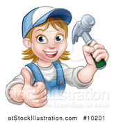 Vector Illustration of a Cartoon Happy White Female Carpenter Holding a Hammer and Giving a Thumb up by AtStockIllustration