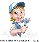 Vector Illustration of a Cartoon Happy White Female Carpenter Holding a Hammer Around a Sign by AtStockIllustration